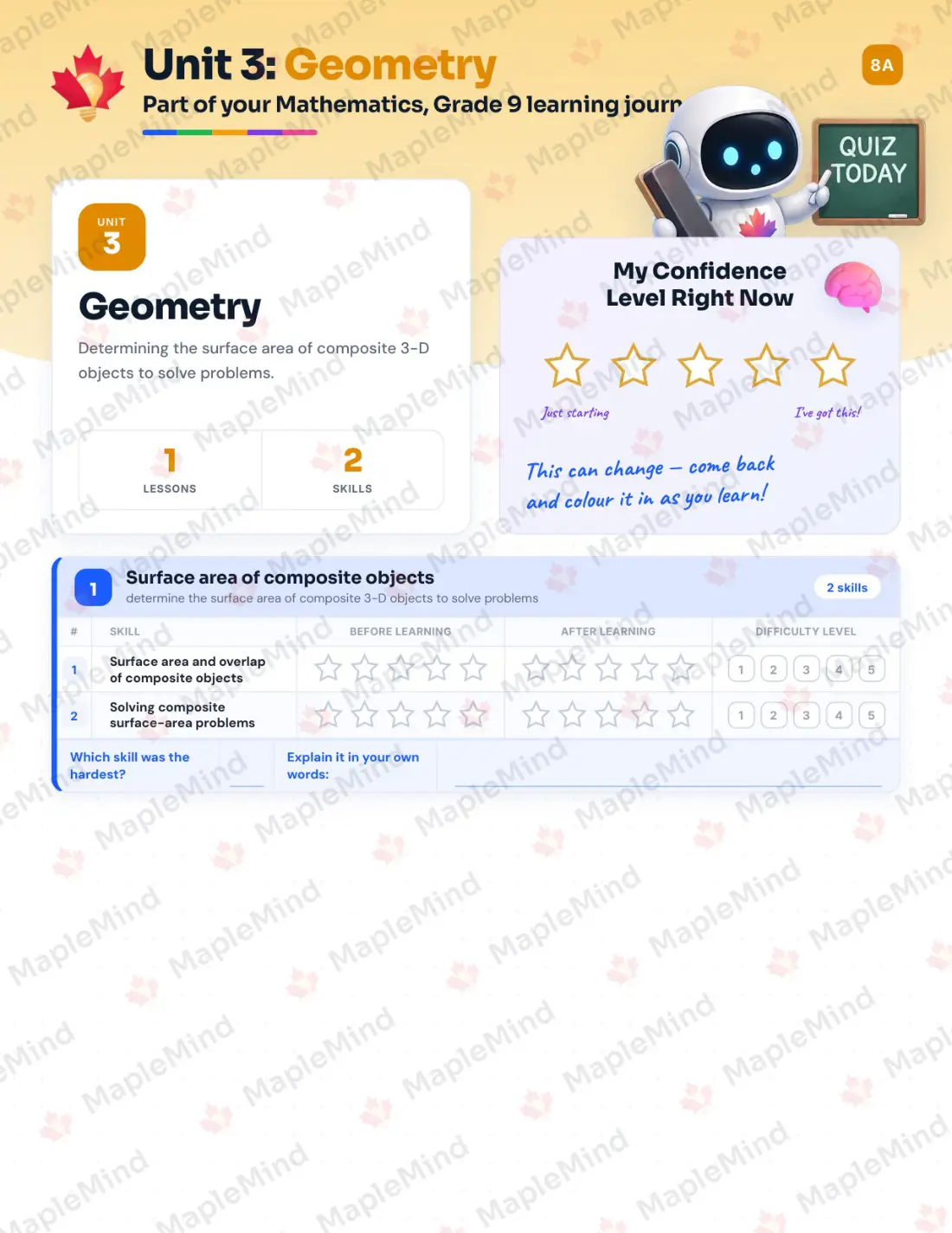 Page 14 of 29 from the Mathematics, Grade 9 Nova Scotia Course Companion — skills tracker with before and after self-assessment