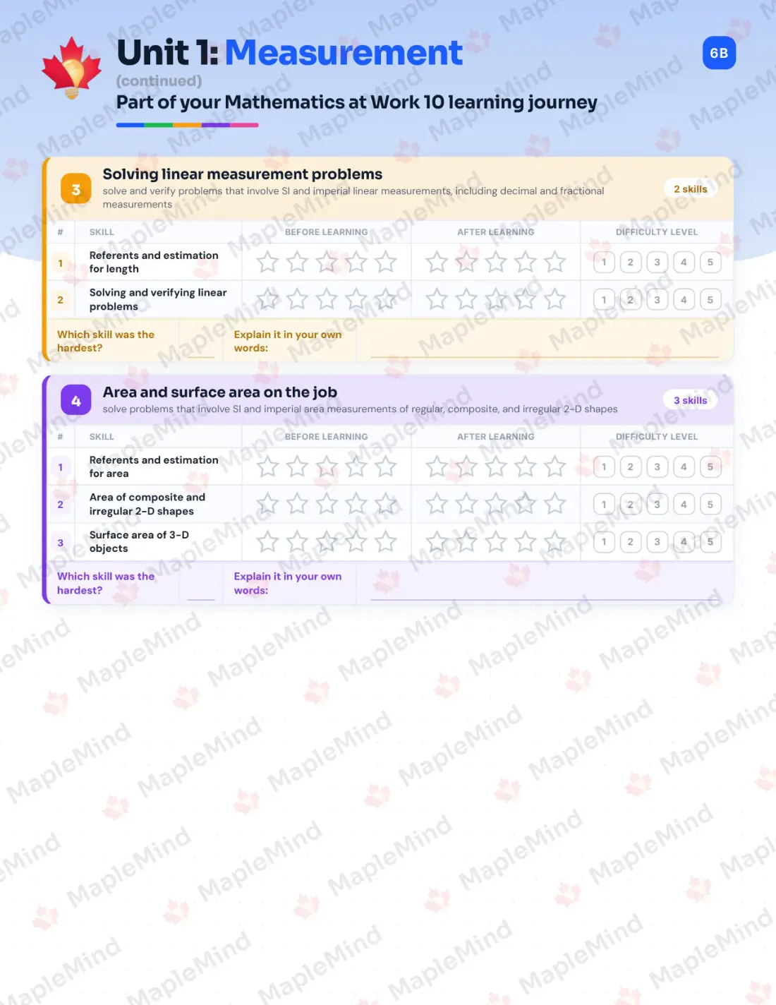 Page 7 of 29 from the Mathematics at Work 10 Nova Scotia Course Companion — skills tracker with before and after self-assessment