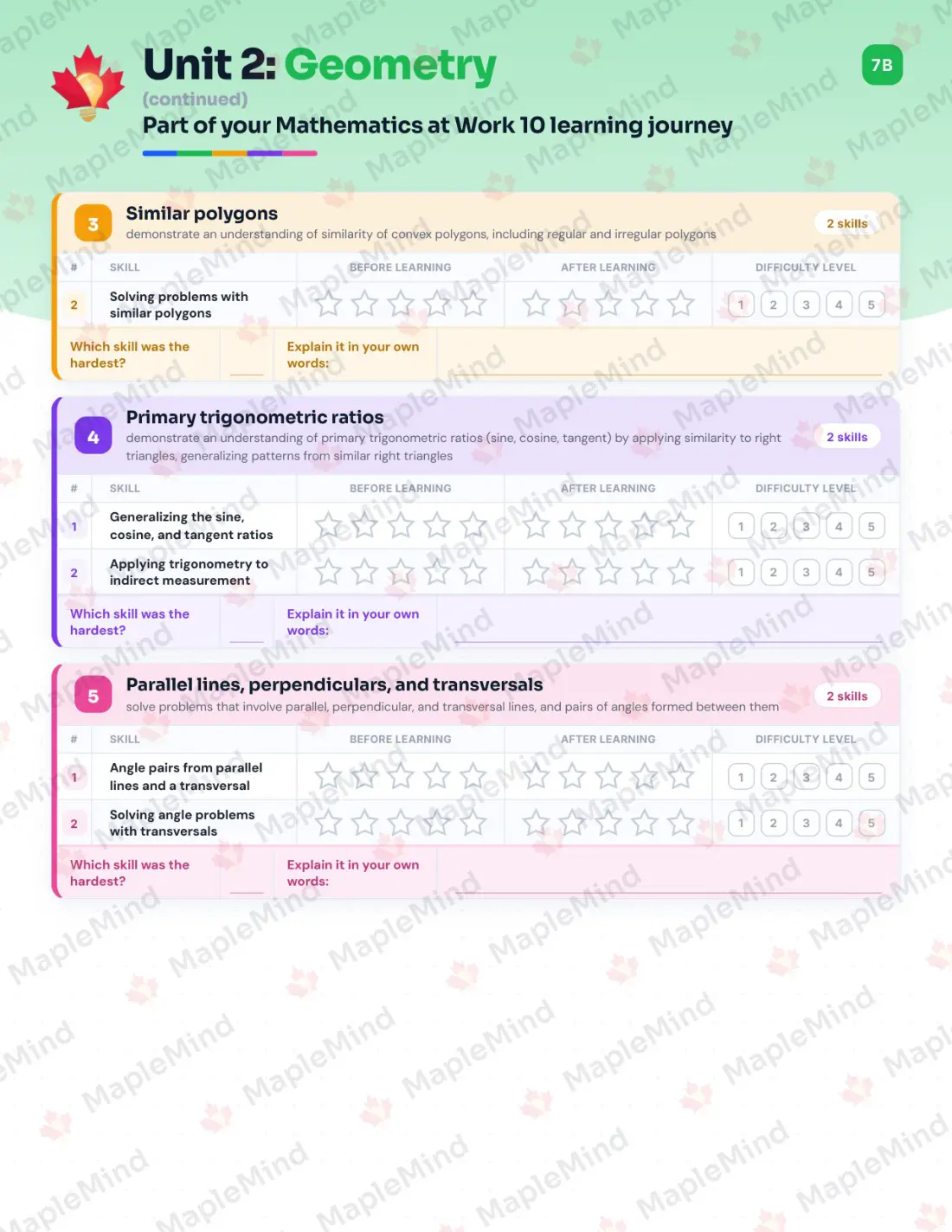 Page 11 of 29 from the Mathematics at Work 10 Nova Scotia Course Companion — skills tracker with before and after self-assessment
