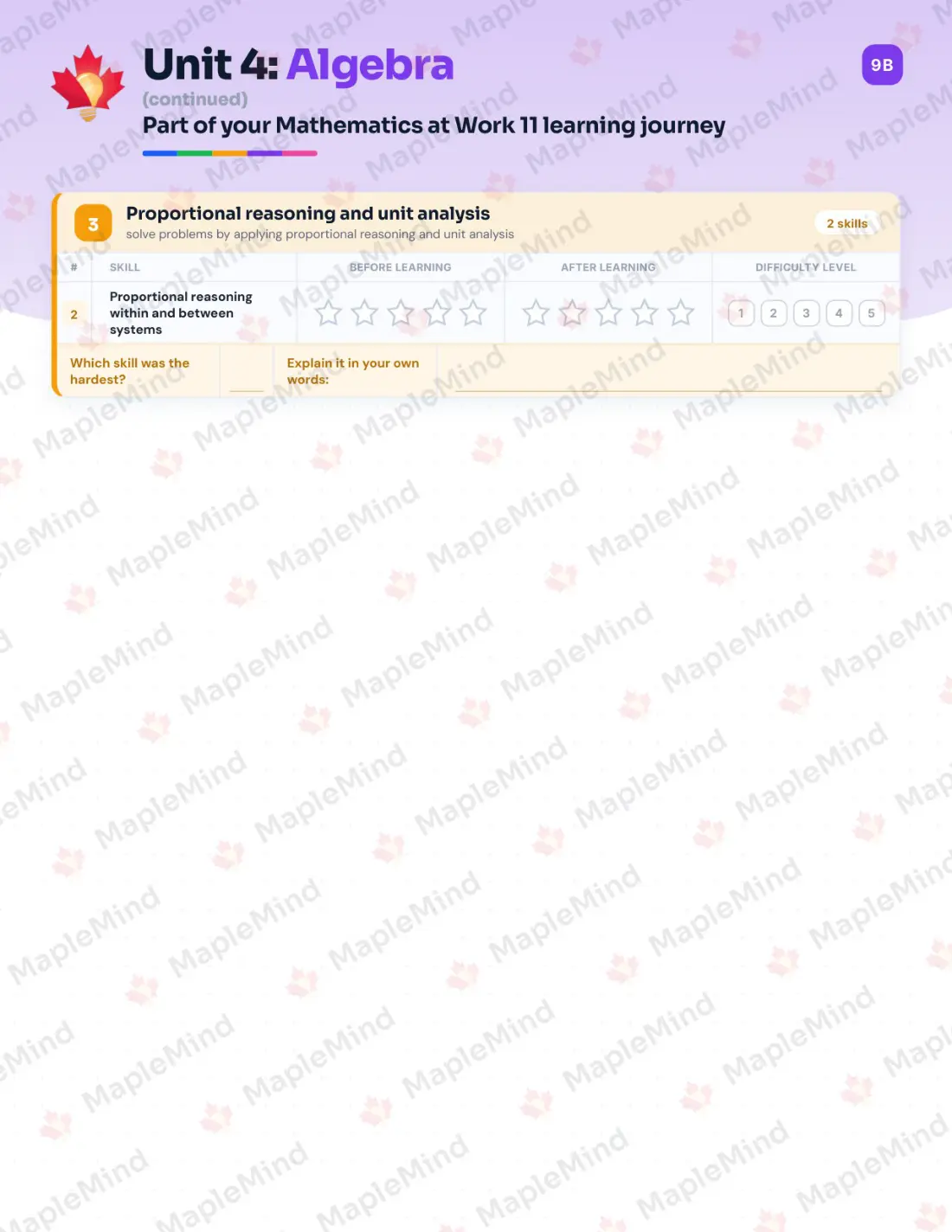 Page 17 of 32 from the Mathematics at Work 11 Nova Scotia Course Companion — skills tracker with before and after self-assessment