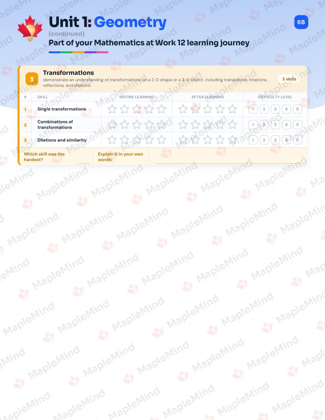Page 7 of 31 from the Mathematics at Work 12 Nova Scotia Course Companion — skills tracker with before and after self-assessment