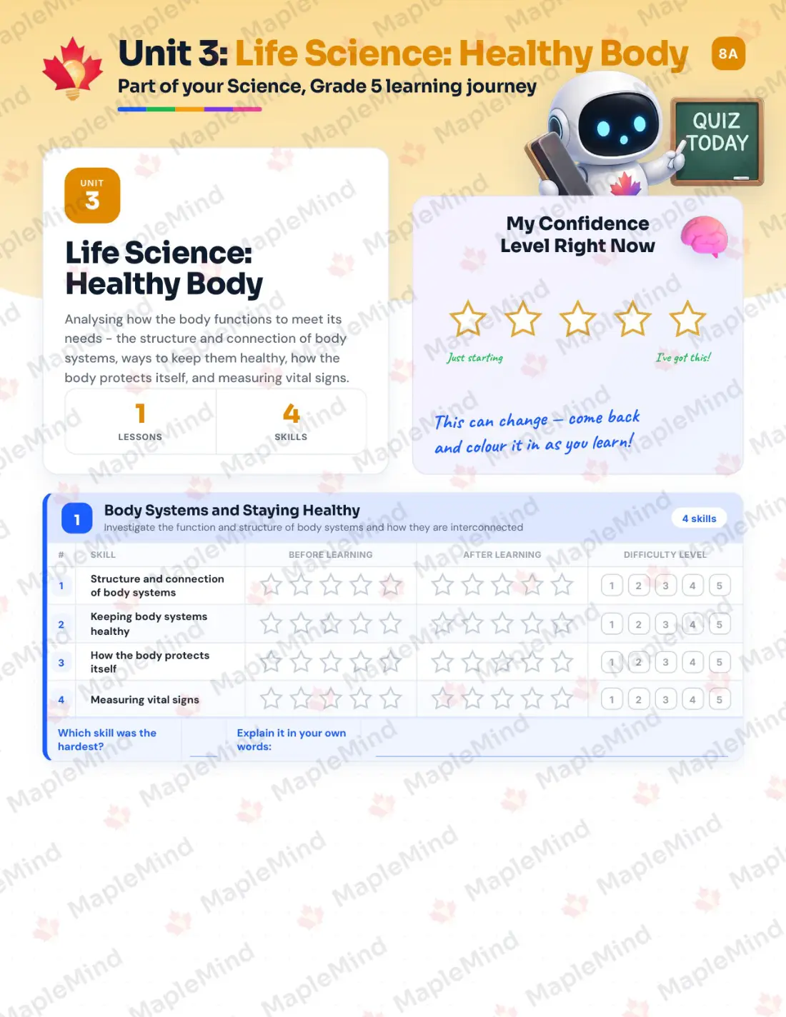 Page 12 of 27 from the Science, Grade 5 Nova Scotia Course Companion — skills tracker with before and after self-assessment