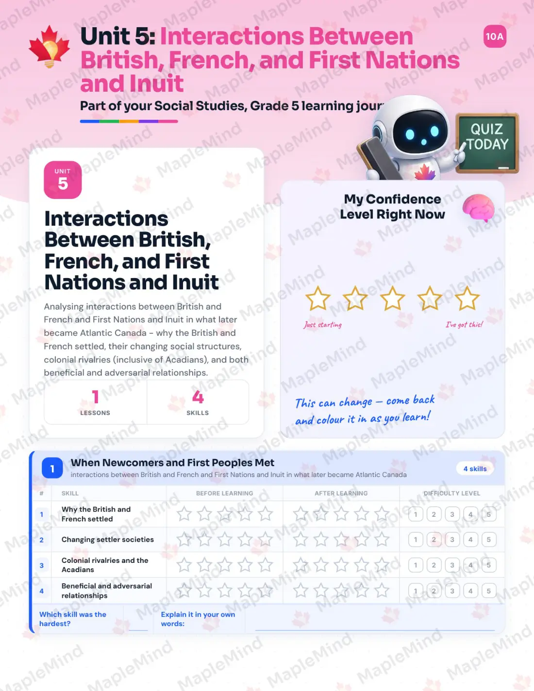 Page 18 of 30 from the Social Studies, Grade 5 Nova Scotia Course Companion — skills tracker with before and after self-assessment