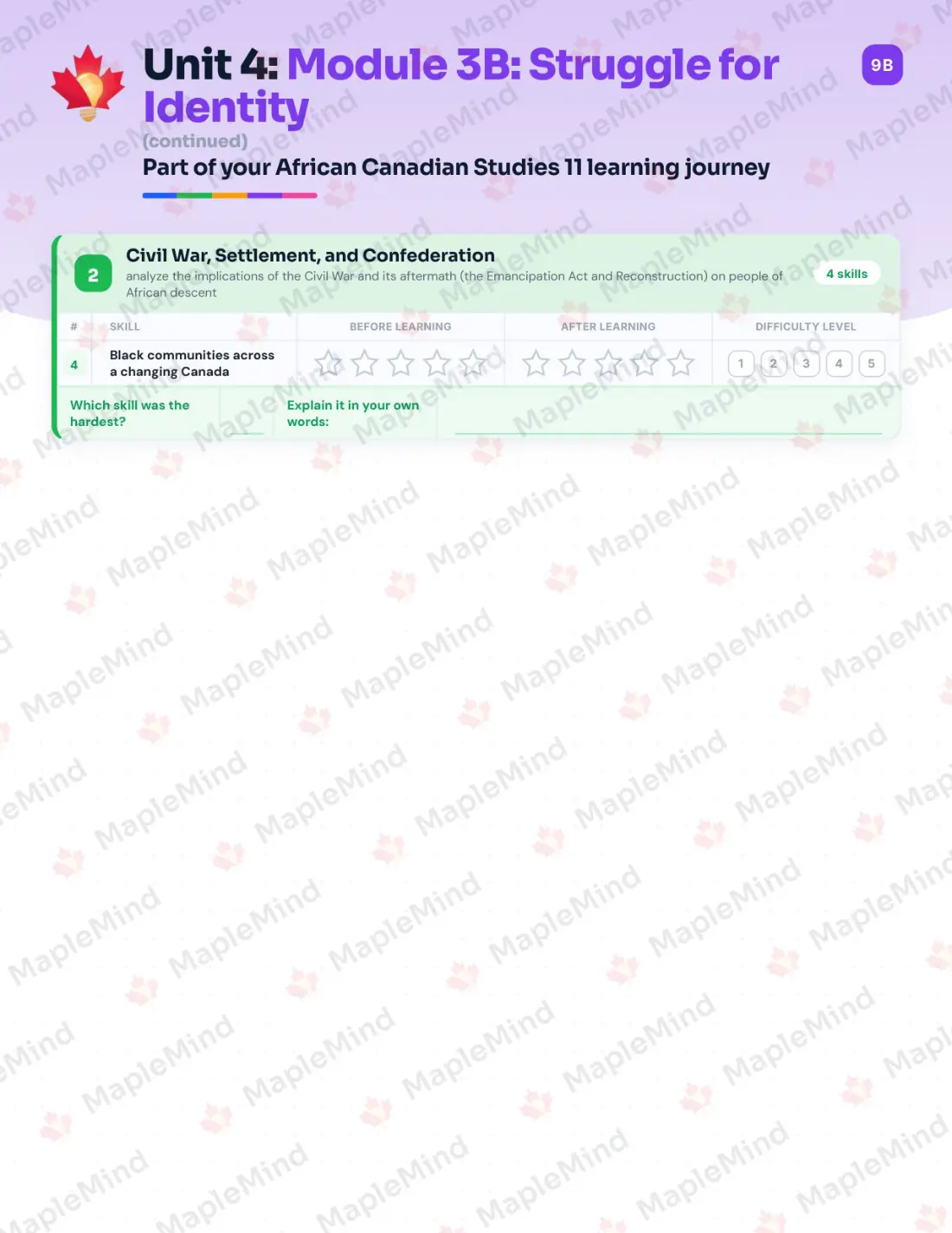 Page 18 of 41 from the African Canadian Studies 11 Nova Scotia Course Companion — skills tracker with before and after self-assessment