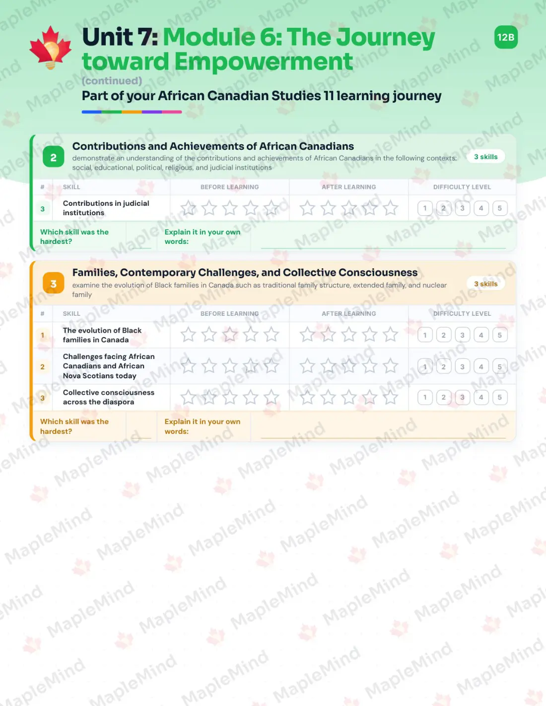 Page 29 of 41 from the African Canadian Studies 11 Nova Scotia Course Companion — skills tracker with before and after self-assessment