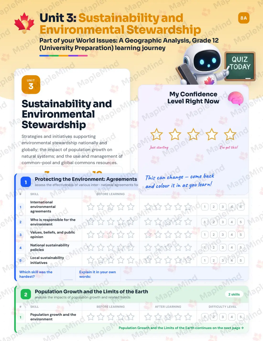 Page 14 of 35 from the World Issues: A Geographic Analysis, Grade 12 (University Preparation) Ontario Course Companion — skills tracker with before and after self-assessment