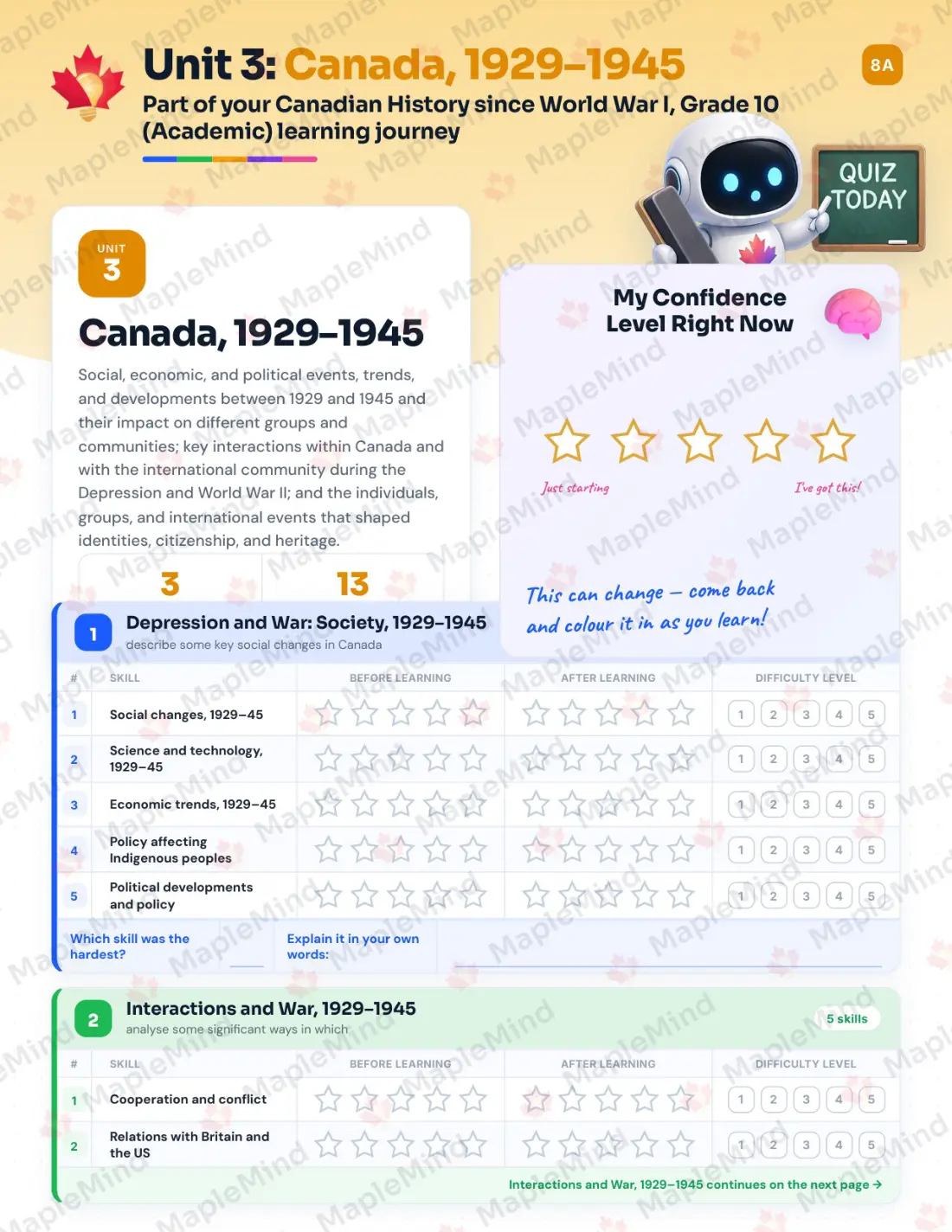 Page 14 of 35 from the Canadian History since World War I, Grade 10 (Academic) Ontario Course Companion — skills tracker with before and after self-assessment