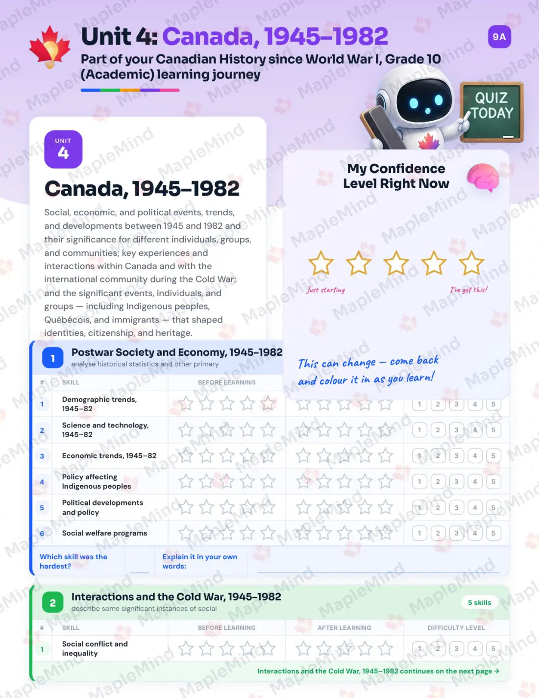 Page 18 of 35 from the Canadian History since World War I, Grade 10 (Academic) Ontario Course Companion — skills tracker with before and after self-assessment