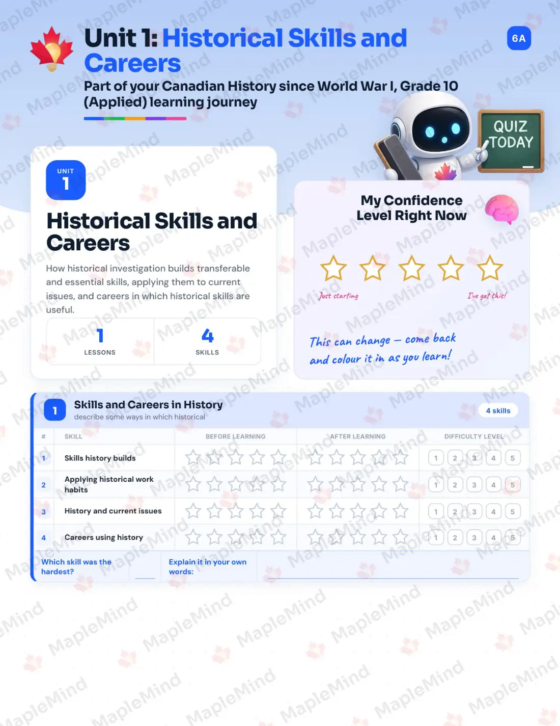 Page 7 of 35 from the Canadian History since World War I, Grade 10 (Applied) Ontario Course Companion — skills tracker with before and after self-assessment