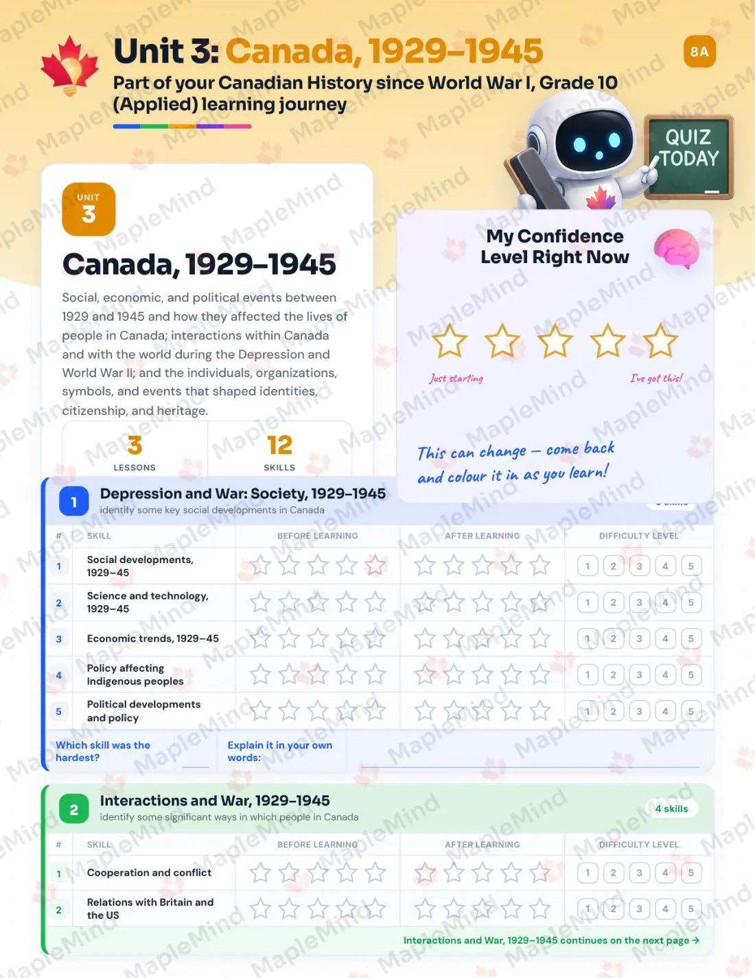 Page 14 of 35 from the Canadian History since World War I, Grade 10 (Applied) Ontario Course Companion — skills tracker with before and after self-assessment