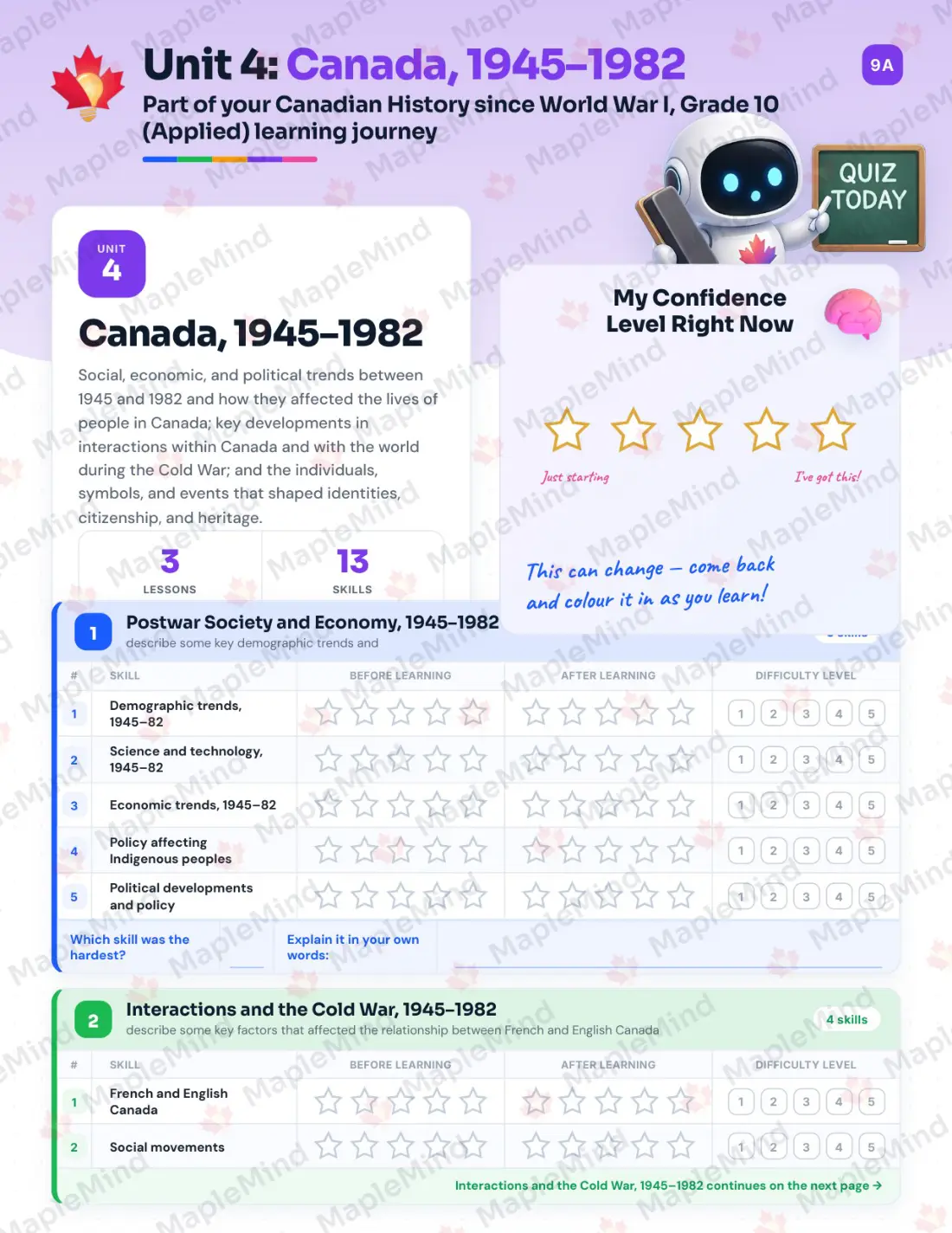 Page 18 of 35 from the Canadian History since World War I, Grade 10 (Applied) Ontario Course Companion — skills tracker with before and after self-assessment