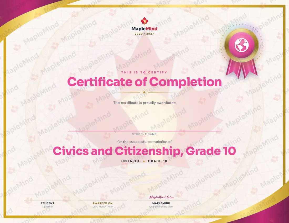 Page 25 of 25 from the Civics and Citizenship, Grade 10 Ontario Course Companion — year in review and certificate of completion