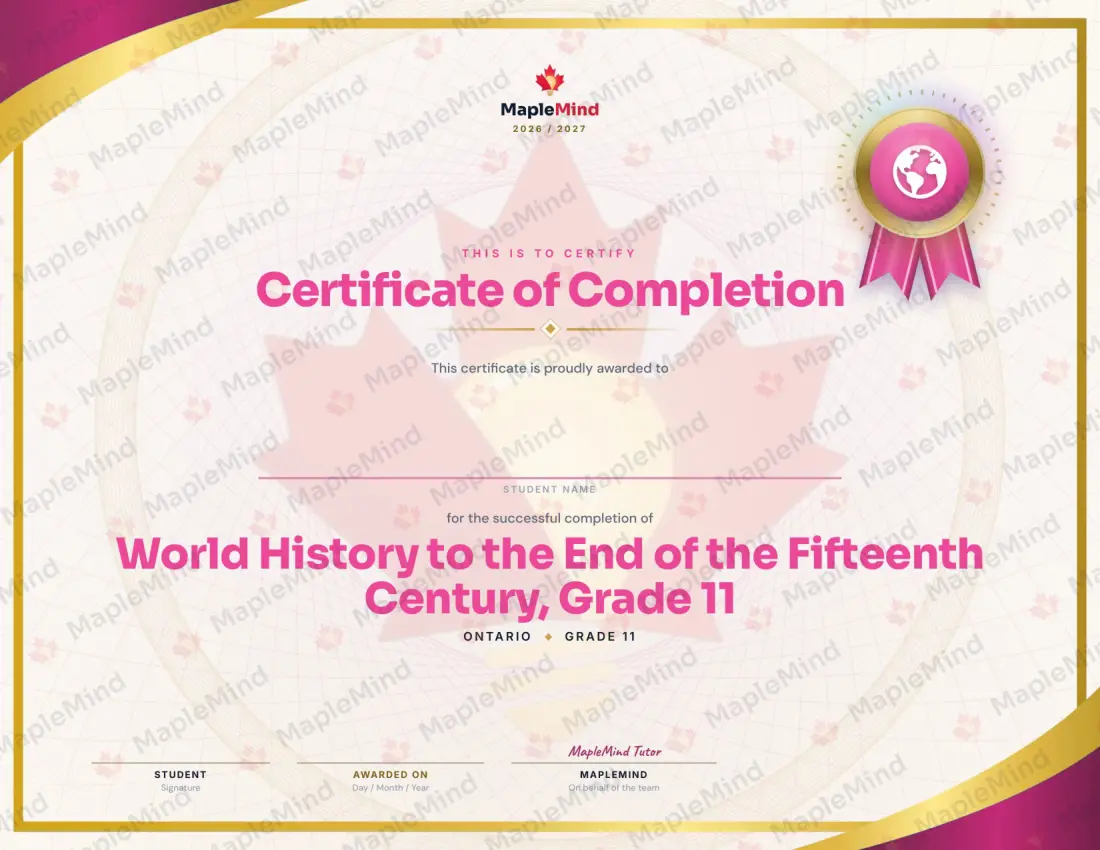 Page 35 of 35 from the World History to the End of the Fifteenth Century, Grade 11 Ontario Course Companion — year in review and certificate of completion