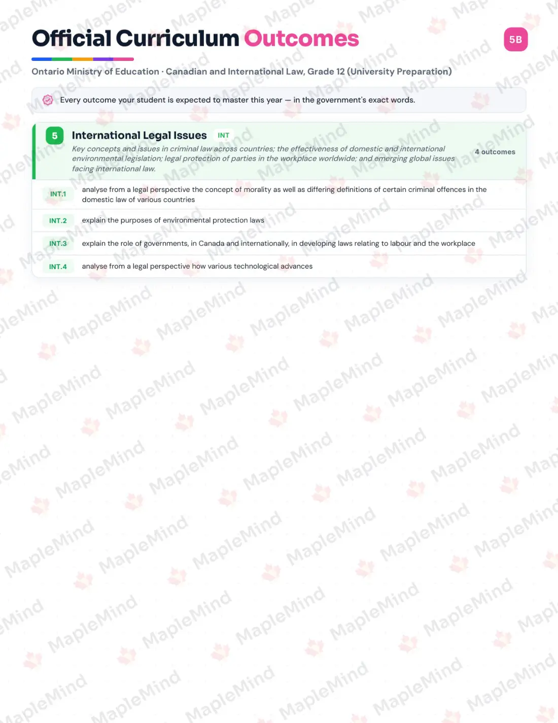 Page 6 of 35 from the Canadian and International Law, Grade 12 (University Preparation) Ontario Course Companion — skills tracker with before and after self-assessment