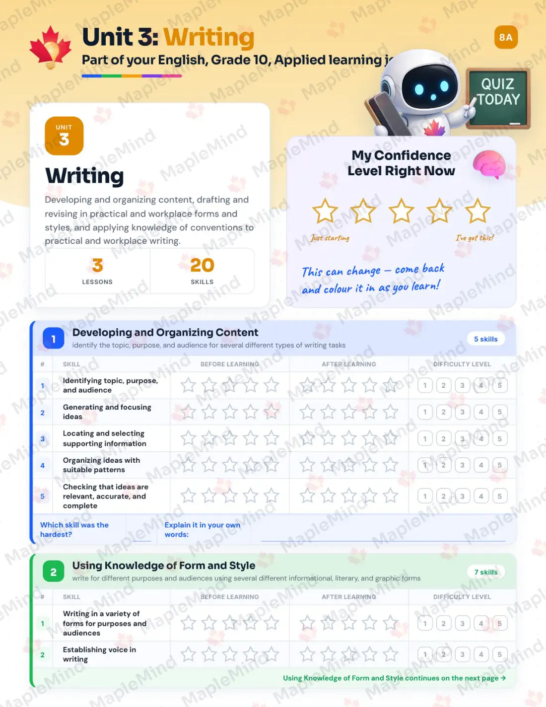 Page 14 of 31 from the English, Grade 10, Applied Ontario Course Companion — skills tracker with before and after self-assessment