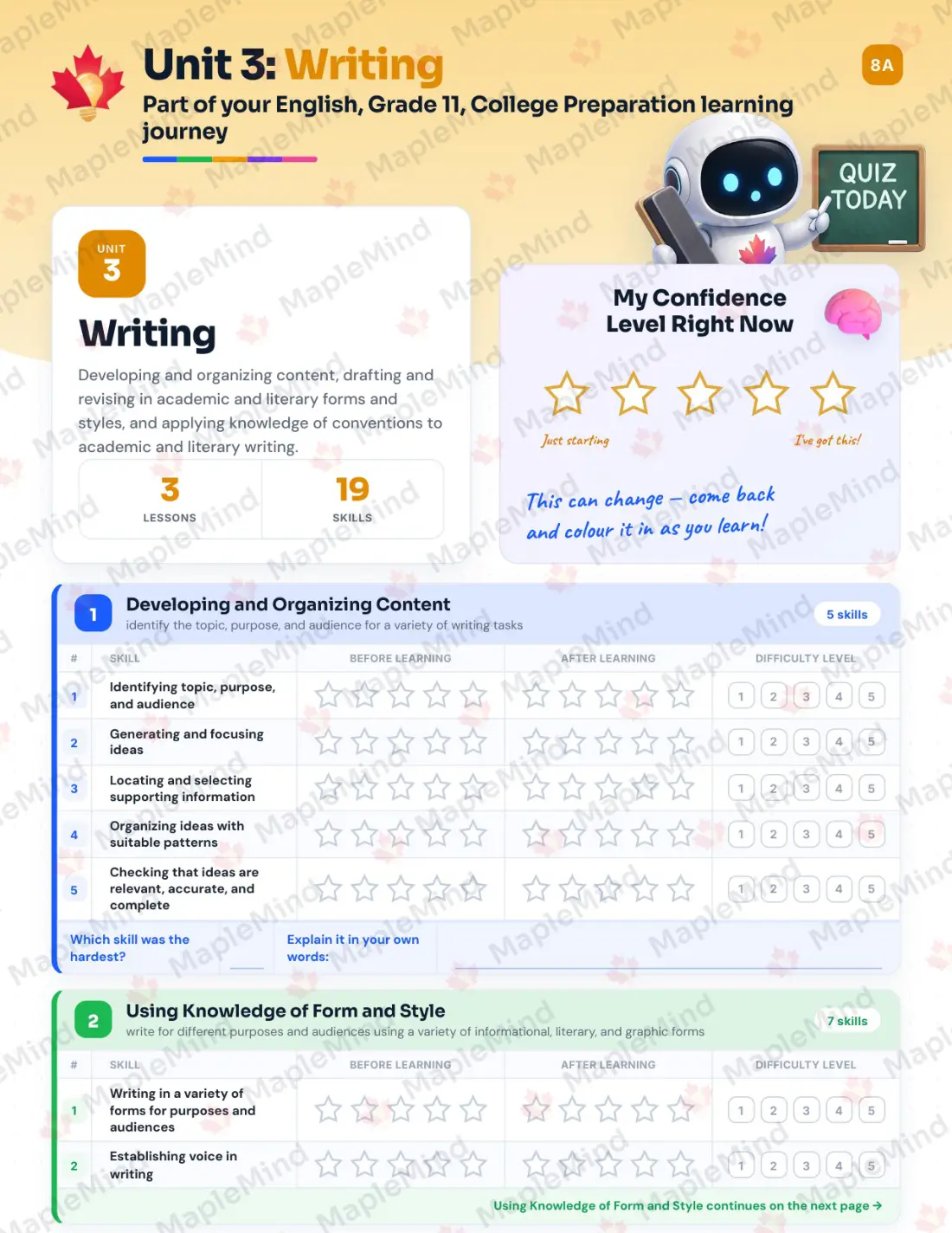 Page 14 of 31 from the English, Grade 11, College Preparation Ontario Course Companion — skills tracker with before and after self-assessment