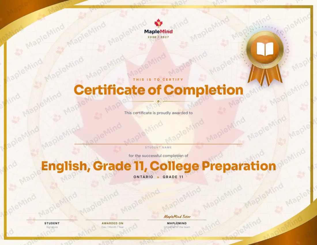 Page 31 of 31 from the English, Grade 11, College Preparation Ontario Course Companion — year in review and certificate of completion
