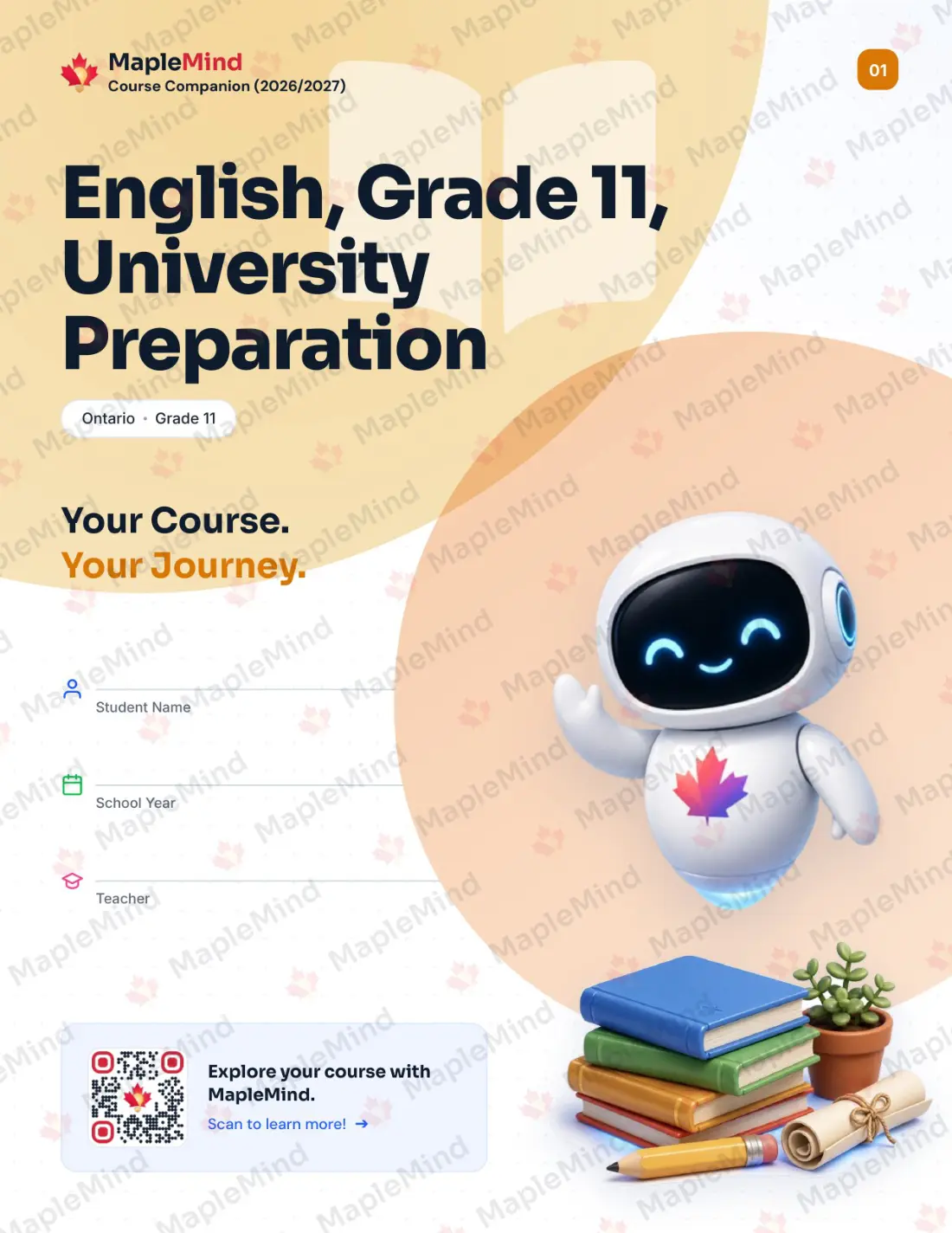 Page 1 of 31 from the English, Grade 11, University Preparation Ontario Course Companion — workbook cover