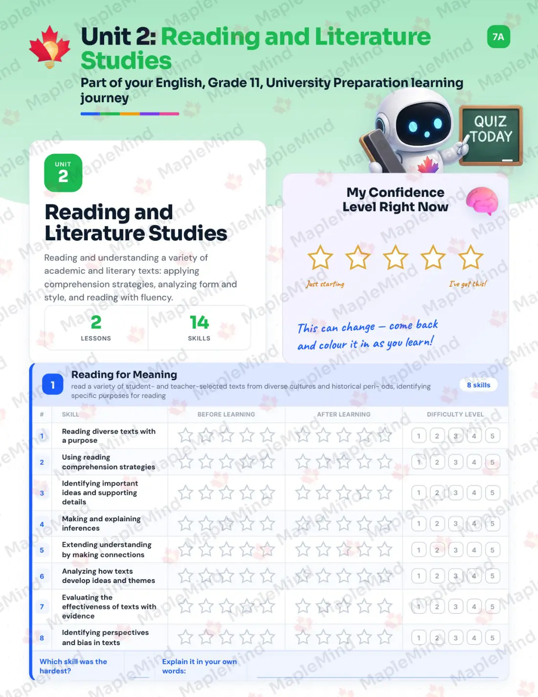 Page 10 of 31 from the English, Grade 11, University Preparation Ontario Course Companion — skills tracker with before and after self-assessment
