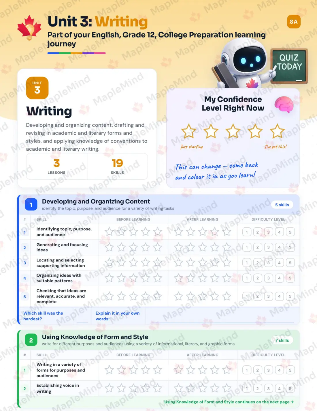 Page 14 of 31 from the English, Grade 12, College Preparation Ontario Course Companion — skills tracker with before and after self-assessment