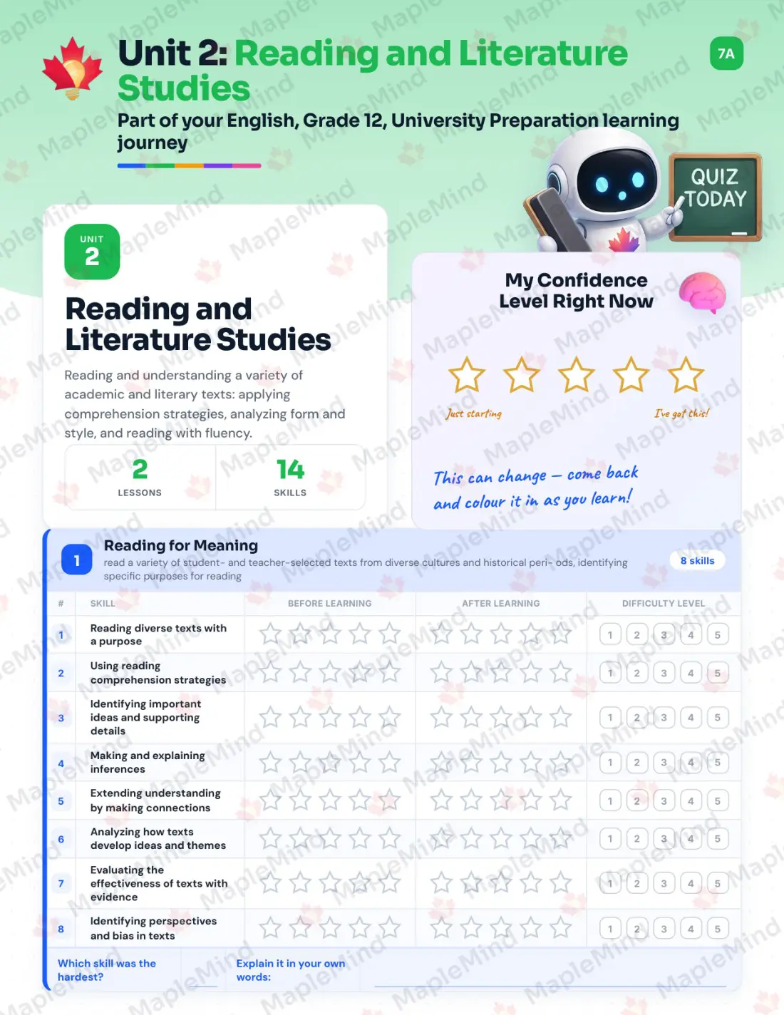 Page 10 of 31 from the English, Grade 12, University Preparation Ontario Course Companion — skills tracker with before and after self-assessment