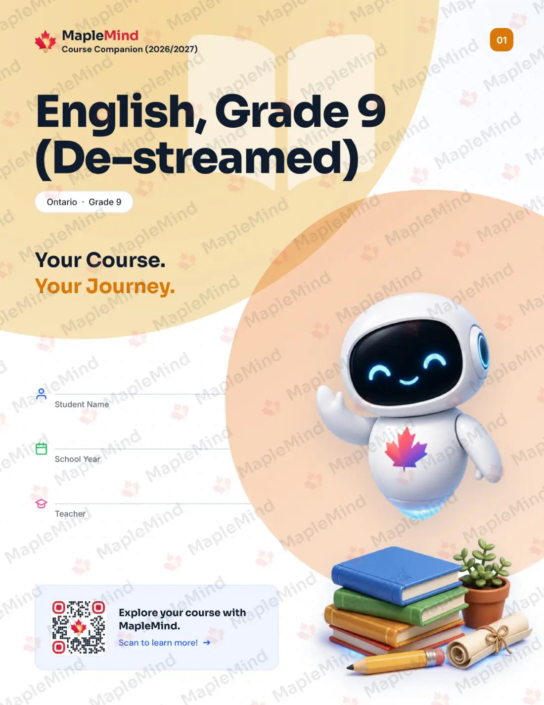Page 1 of 33 from the English, Grade 9 (De-streamed) Ontario Course Companion — workbook cover