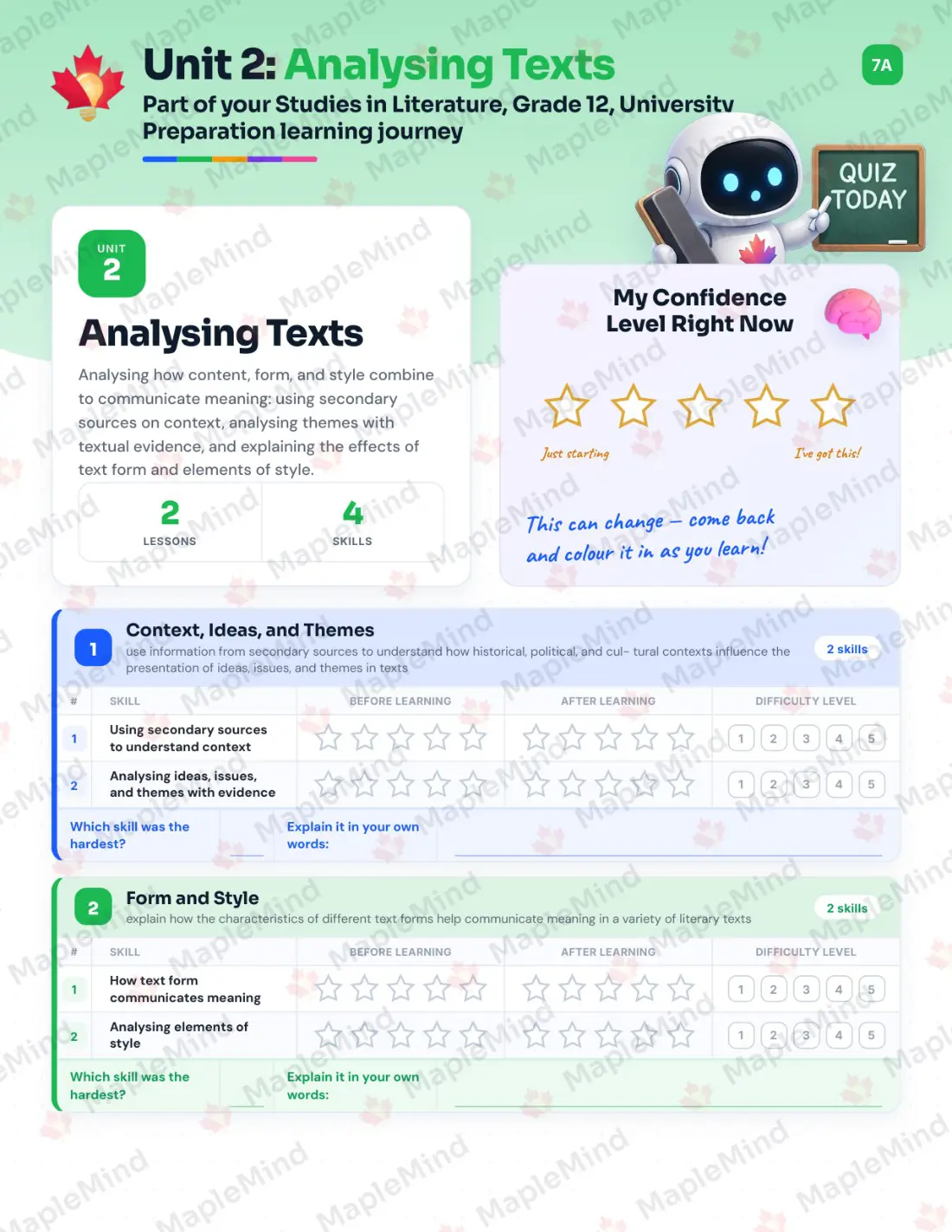 Page 9 of 30 from the Studies in Literature, Grade 12, University Preparation Ontario Course Companion — skills tracker with before and after self-assessment