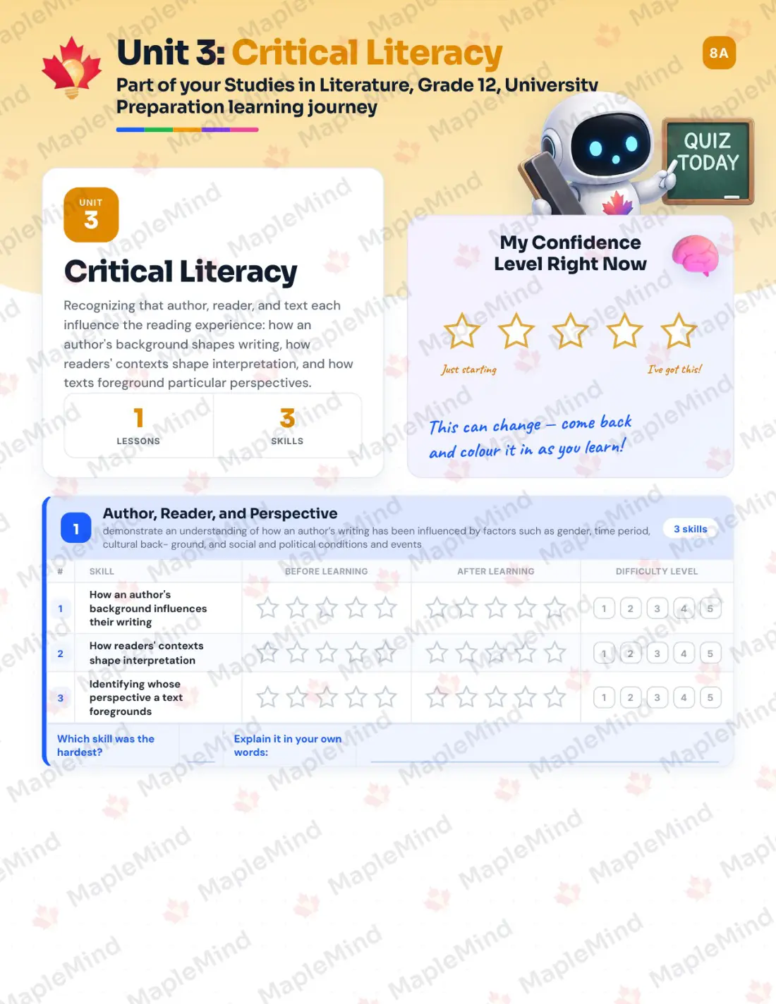 Page 12 of 30 from the Studies in Literature, Grade 12, University Preparation Ontario Course Companion — skills tracker with before and after self-assessment