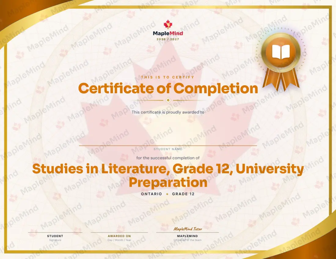 Page 30 of 30 from the Studies in Literature, Grade 12, University Preparation Ontario Course Companion — year in review and certificate of completion