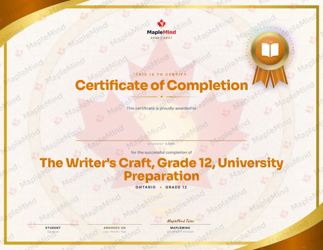 Page 22 of 22 from the The Writer's Craft, Grade 12, University Preparation Ontario Course Companion — year in review and certificate of completion