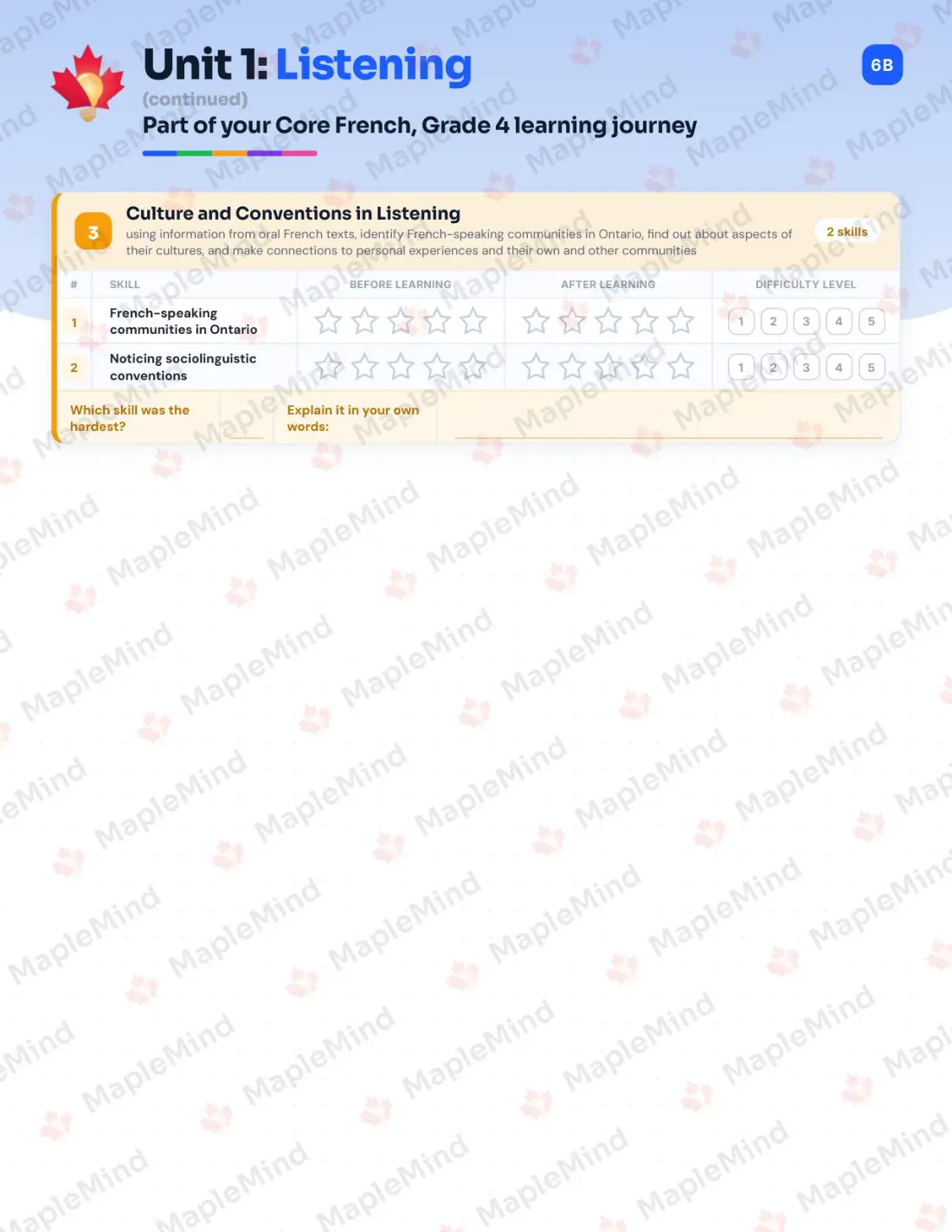 Page 7 of 31 from the Core French, Grade 4 Ontario Course Companion — skills tracker with before and after self-assessment