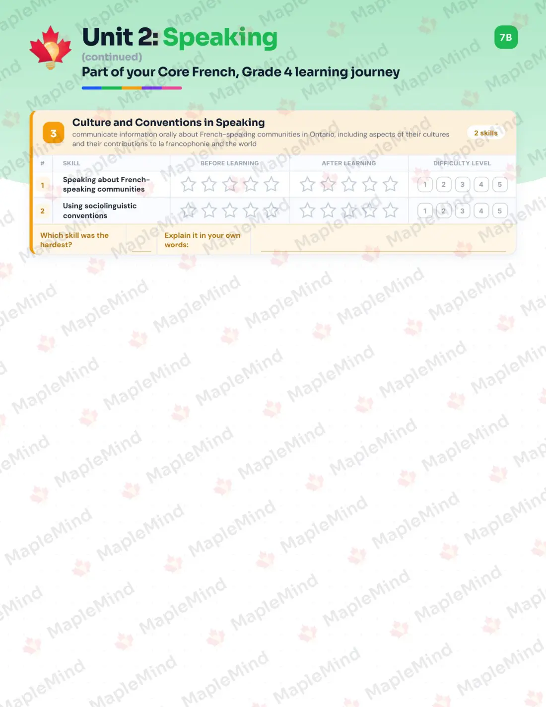 Page 11 of 31 from the Core French, Grade 4 Ontario Course Companion — skills tracker with before and after self-assessment
