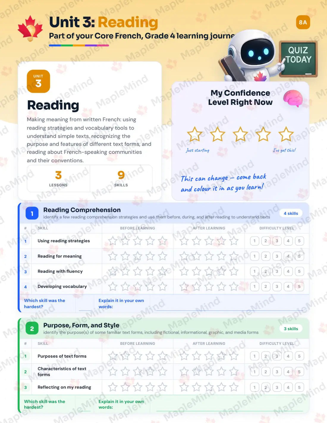 Page 14 of 31 from the Core French, Grade 4 Ontario Course Companion — skills tracker with before and after self-assessment