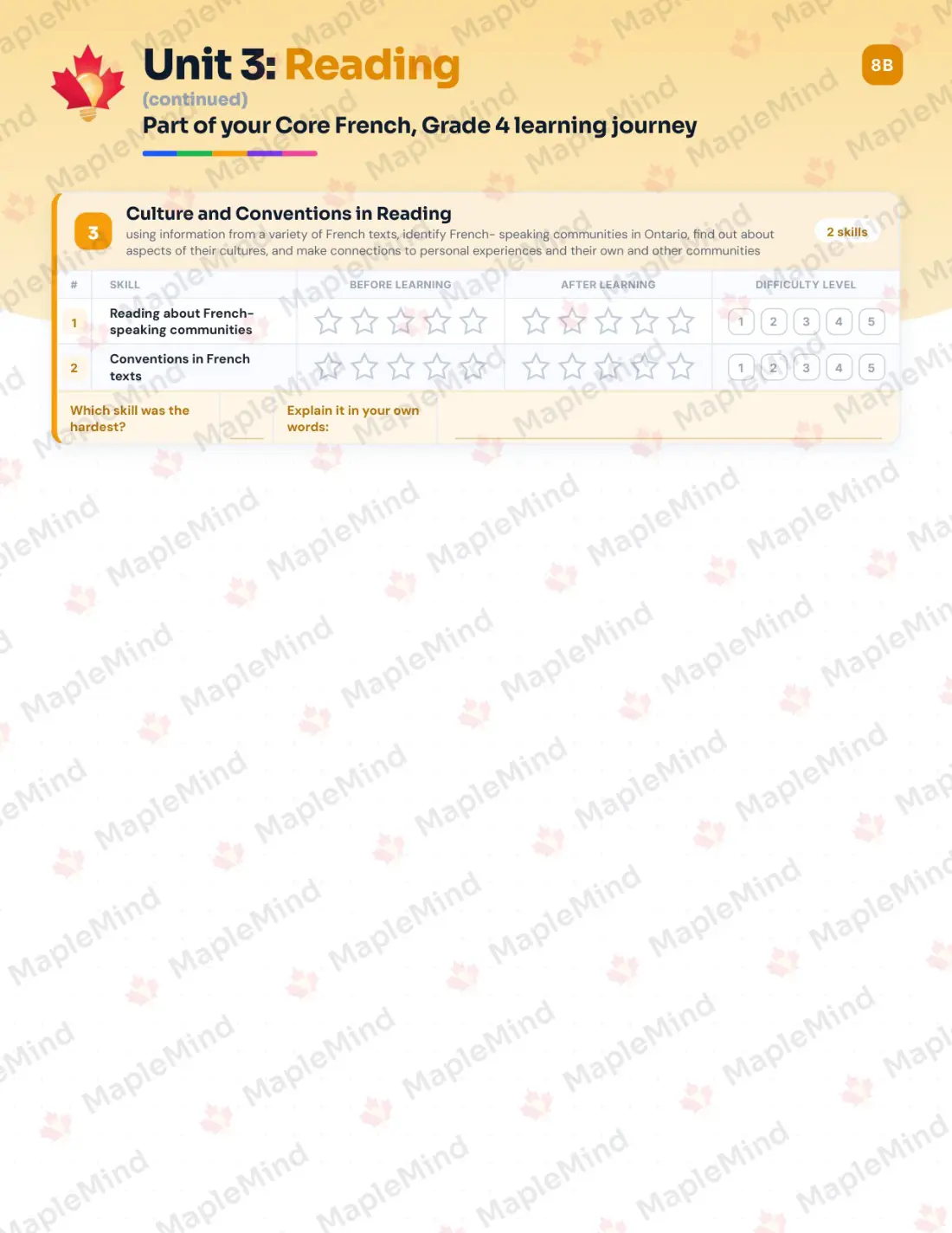 Page 15 of 31 from the Core French, Grade 4 Ontario Course Companion — skills tracker with before and after self-assessment