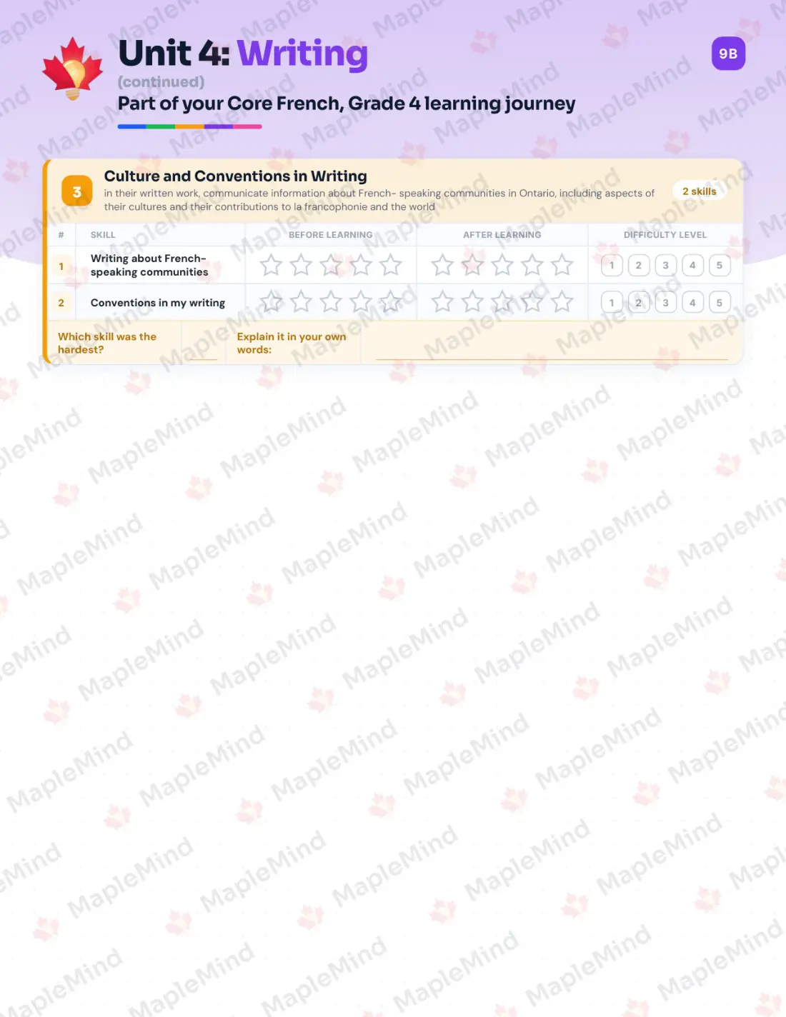 Page 19 of 31 from the Core French, Grade 4 Ontario Course Companion — skills tracker with before and after self-assessment