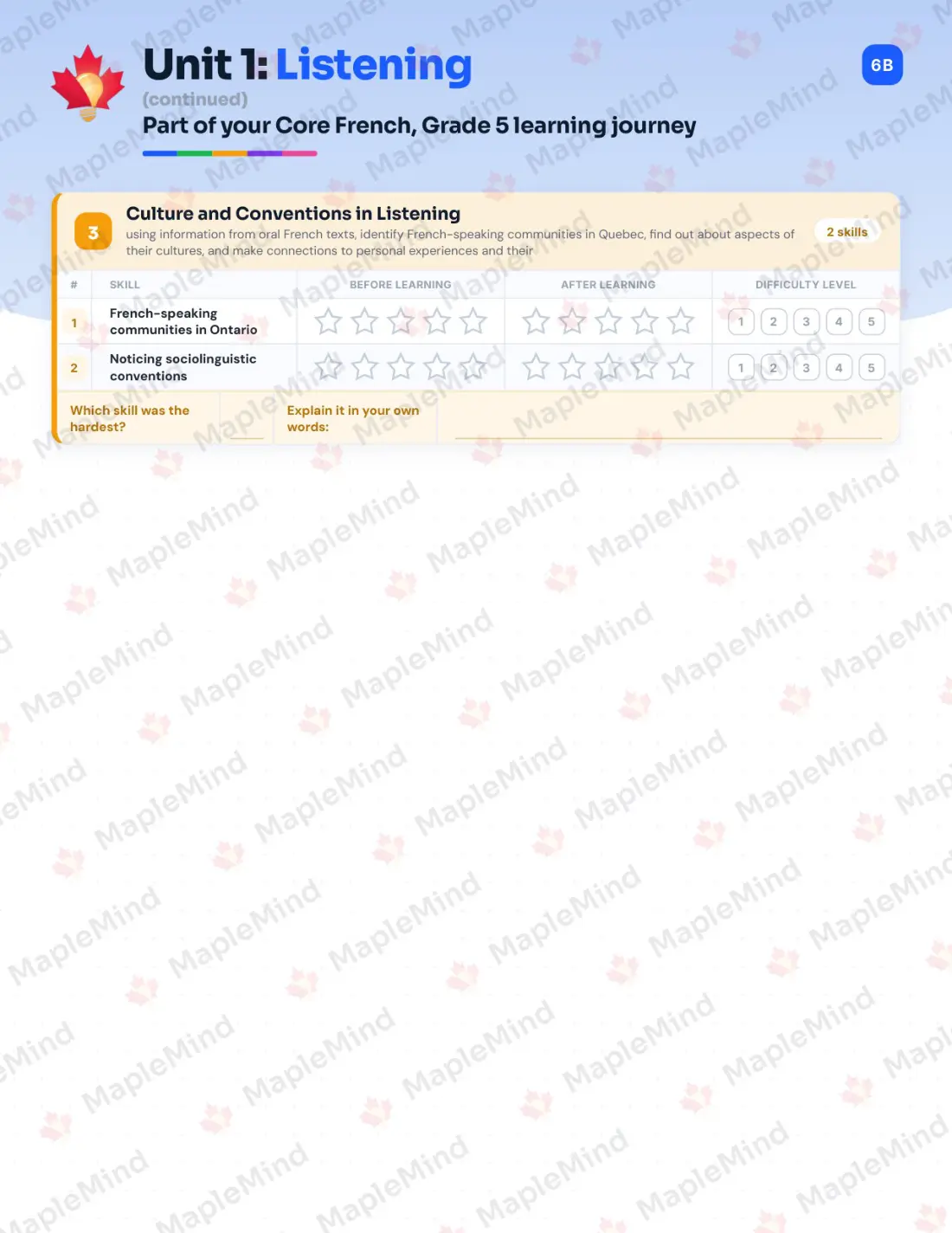 Page 7 of 31 from the Core French, Grade 5 Ontario Course Companion — skills tracker with before and after self-assessment