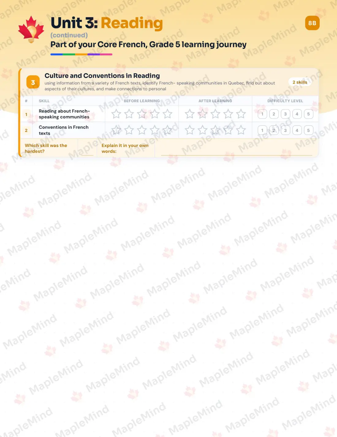 Page 15 of 31 from the Core French, Grade 5 Ontario Course Companion — skills tracker with before and after self-assessment