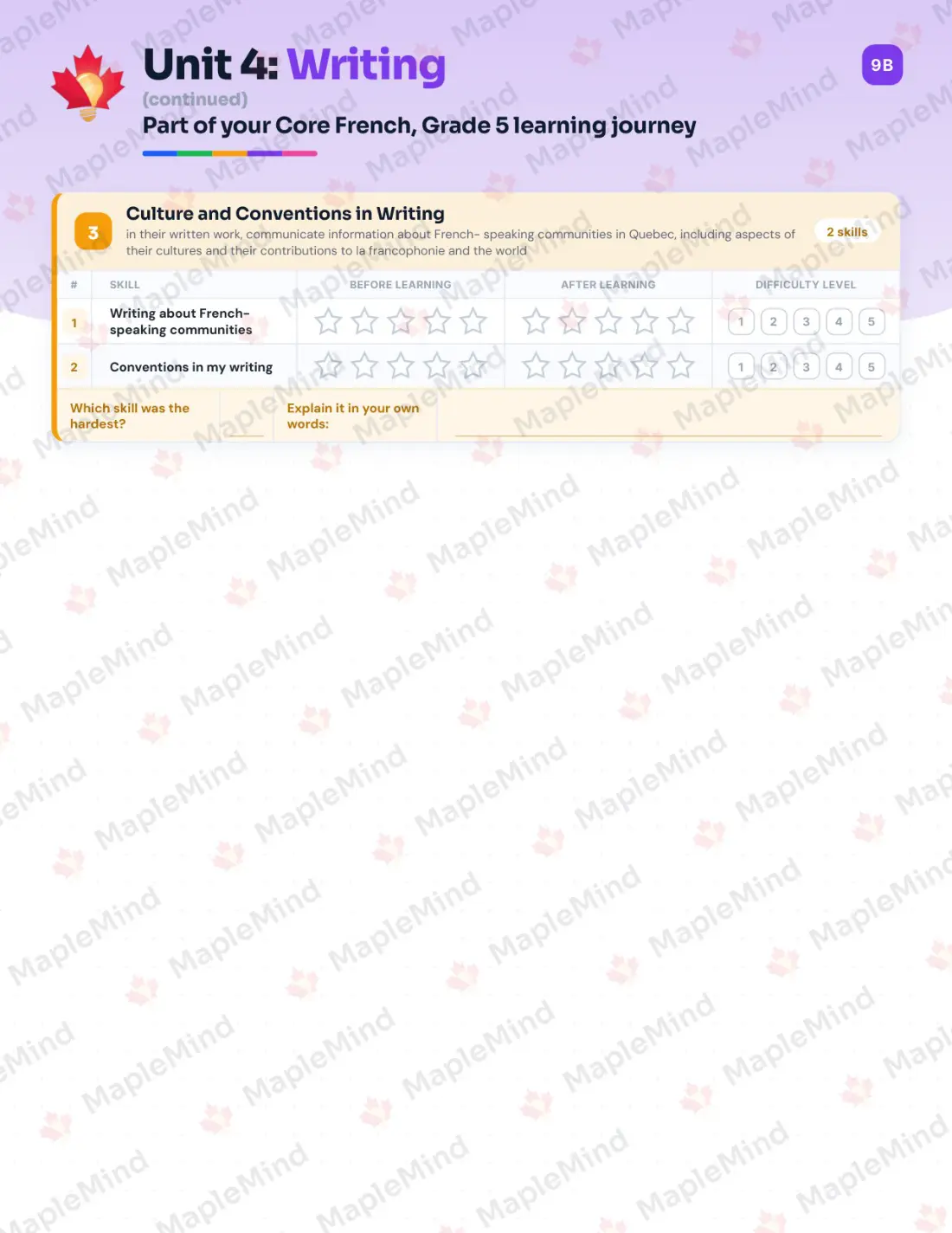 Page 19 of 31 from the Core French, Grade 5 Ontario Course Companion — skills tracker with before and after self-assessment