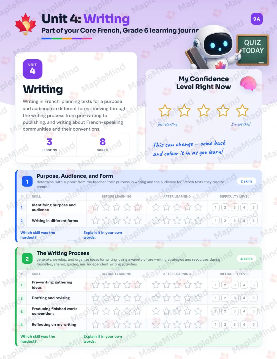 Page 18 of 31 from the Core French, Grade 6 Ontario Course Companion — skills tracker with before and after self-assessment