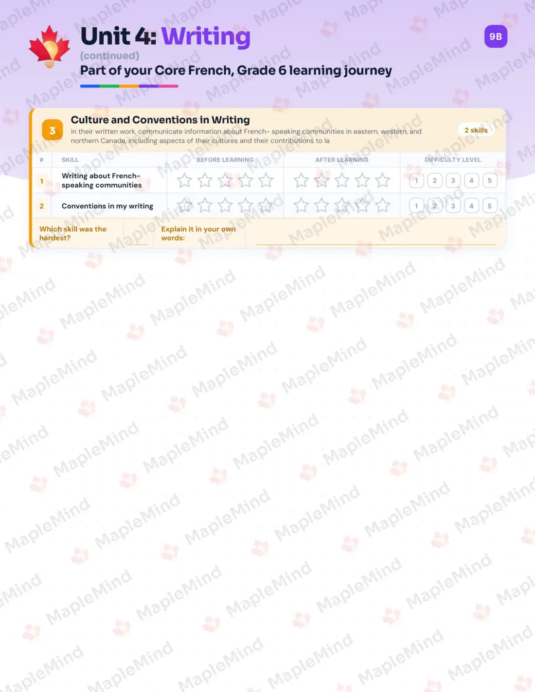Page 19 of 31 from the Core French, Grade 6 Ontario Course Companion — skills tracker with before and after self-assessment