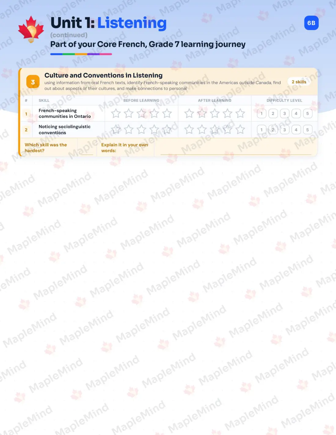 Page 7 of 31 from the Core French, Grade 7 Ontario Course Companion — skills tracker with before and after self-assessment