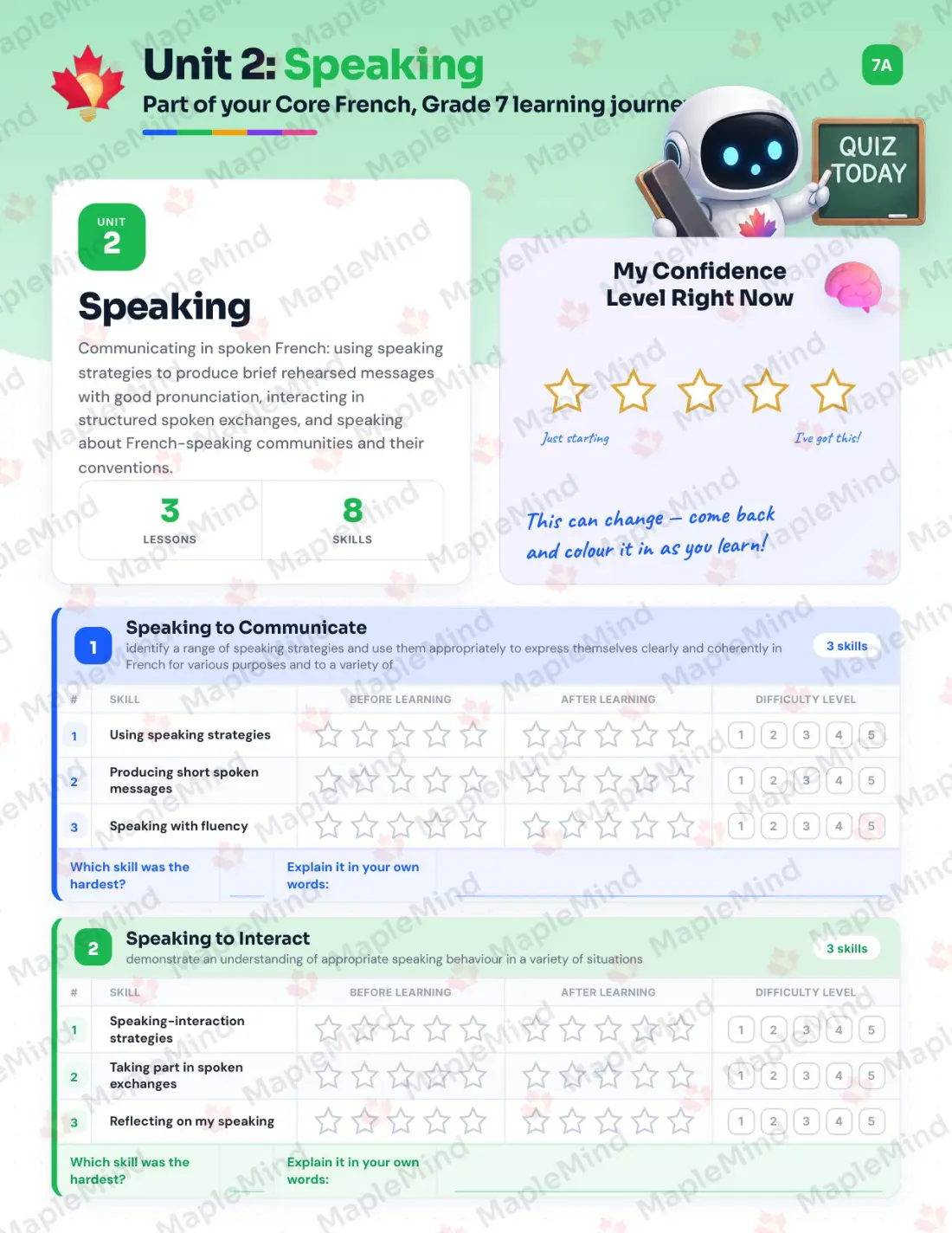 Page 10 of 31 from the Core French, Grade 7 Ontario Course Companion — skills tracker with before and after self-assessment