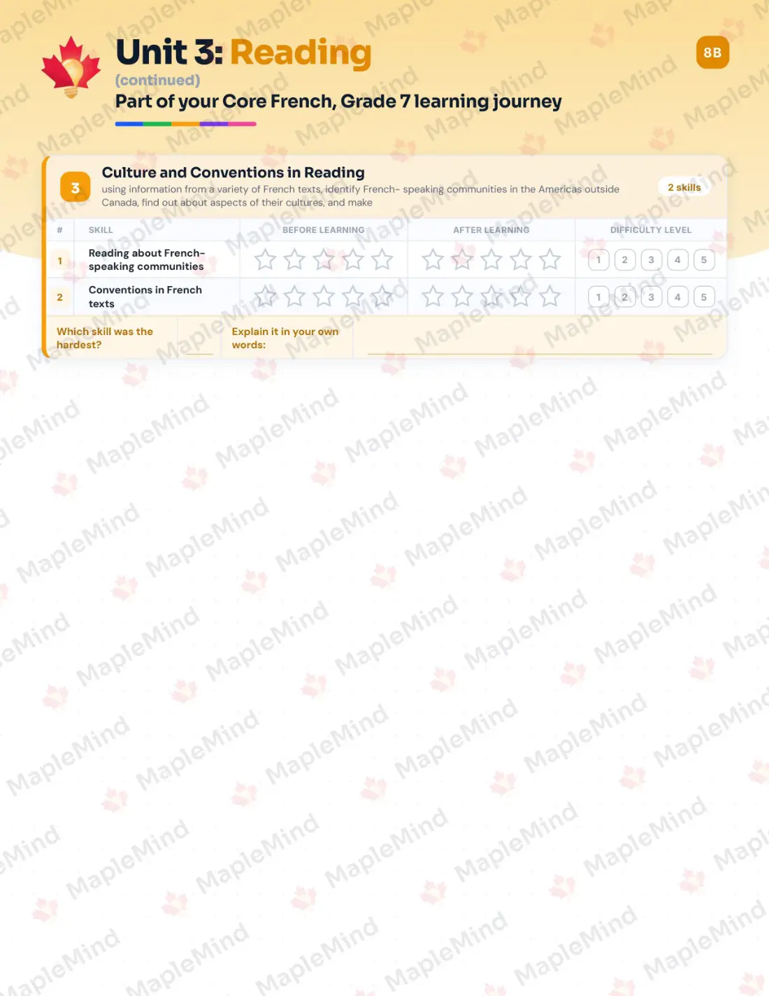 Page 15 of 31 from the Core French, Grade 7 Ontario Course Companion — skills tracker with before and after self-assessment