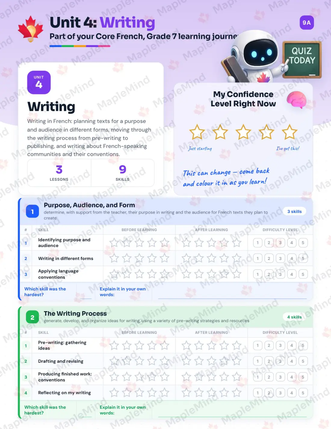 Page 18 of 31 from the Core French, Grade 7 Ontario Course Companion — skills tracker with before and after self-assessment