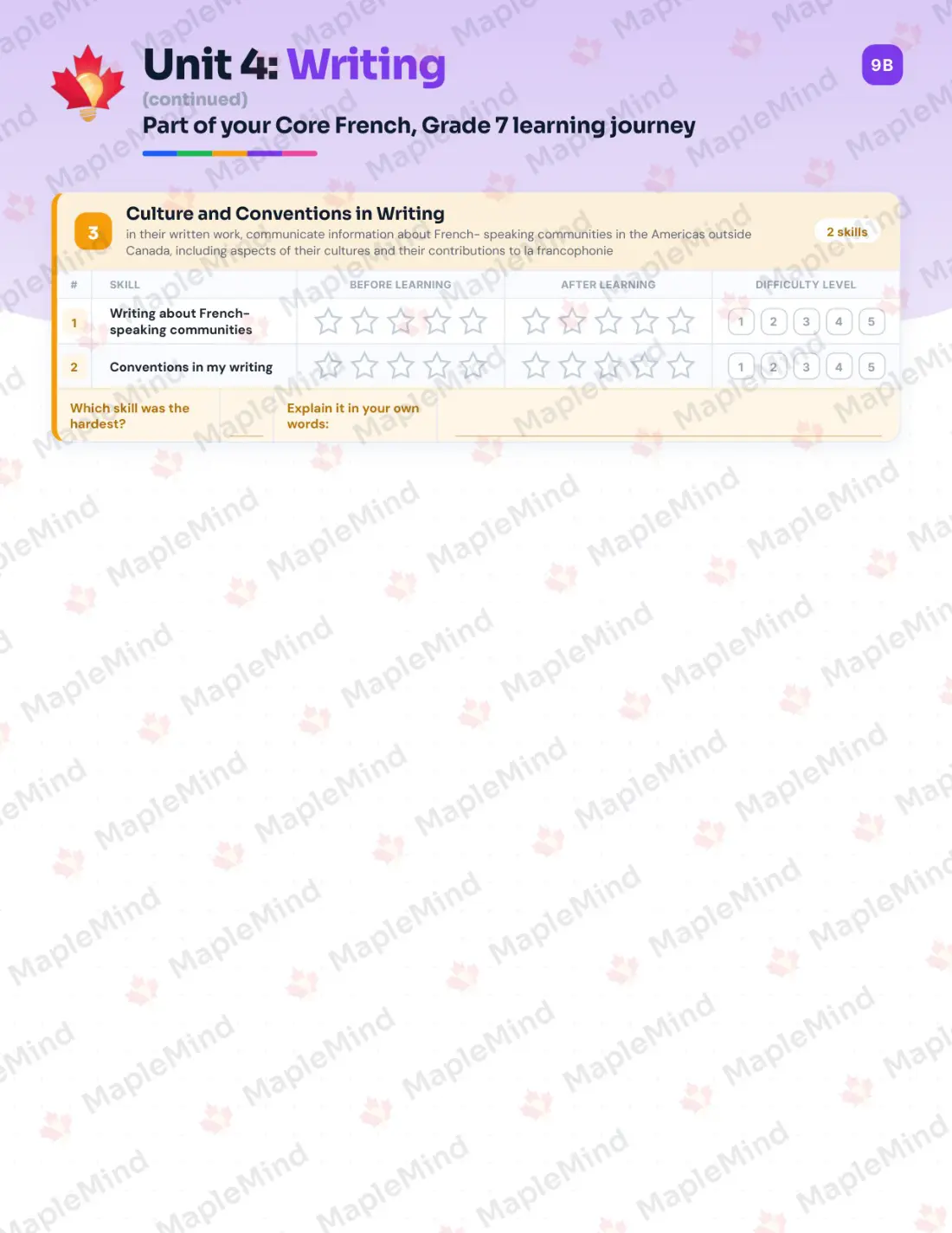 Page 19 of 31 from the Core French, Grade 7 Ontario Course Companion — skills tracker with before and after self-assessment