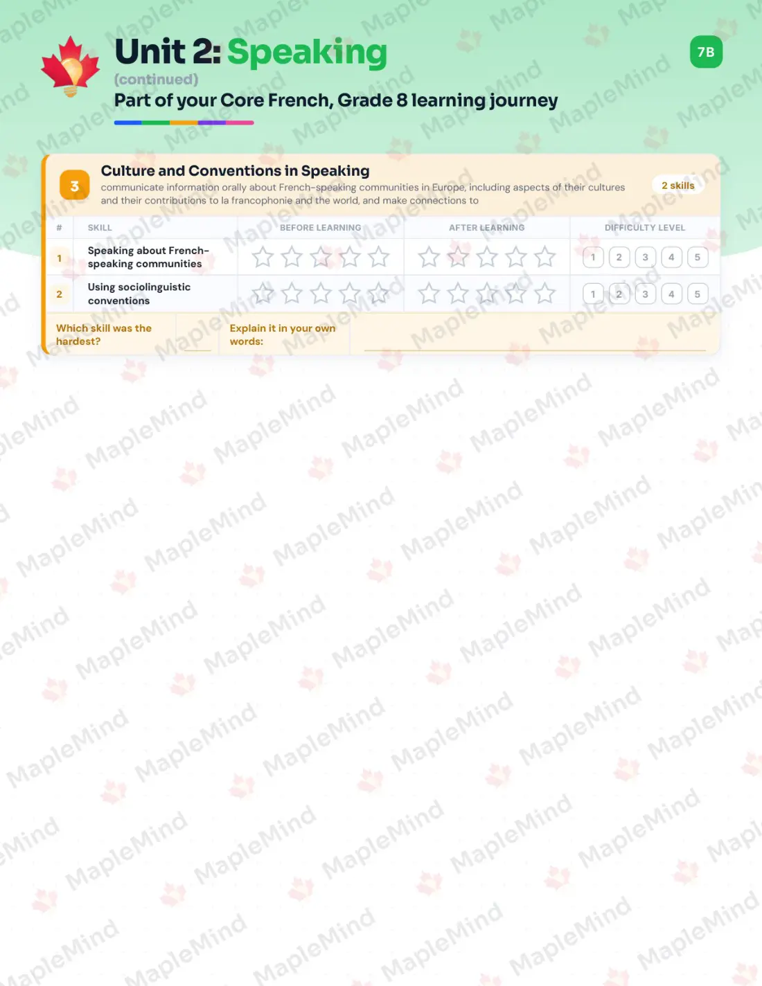 Page 11 of 31 from the Core French, Grade 8 Ontario Course Companion — skills tracker with before and after self-assessment