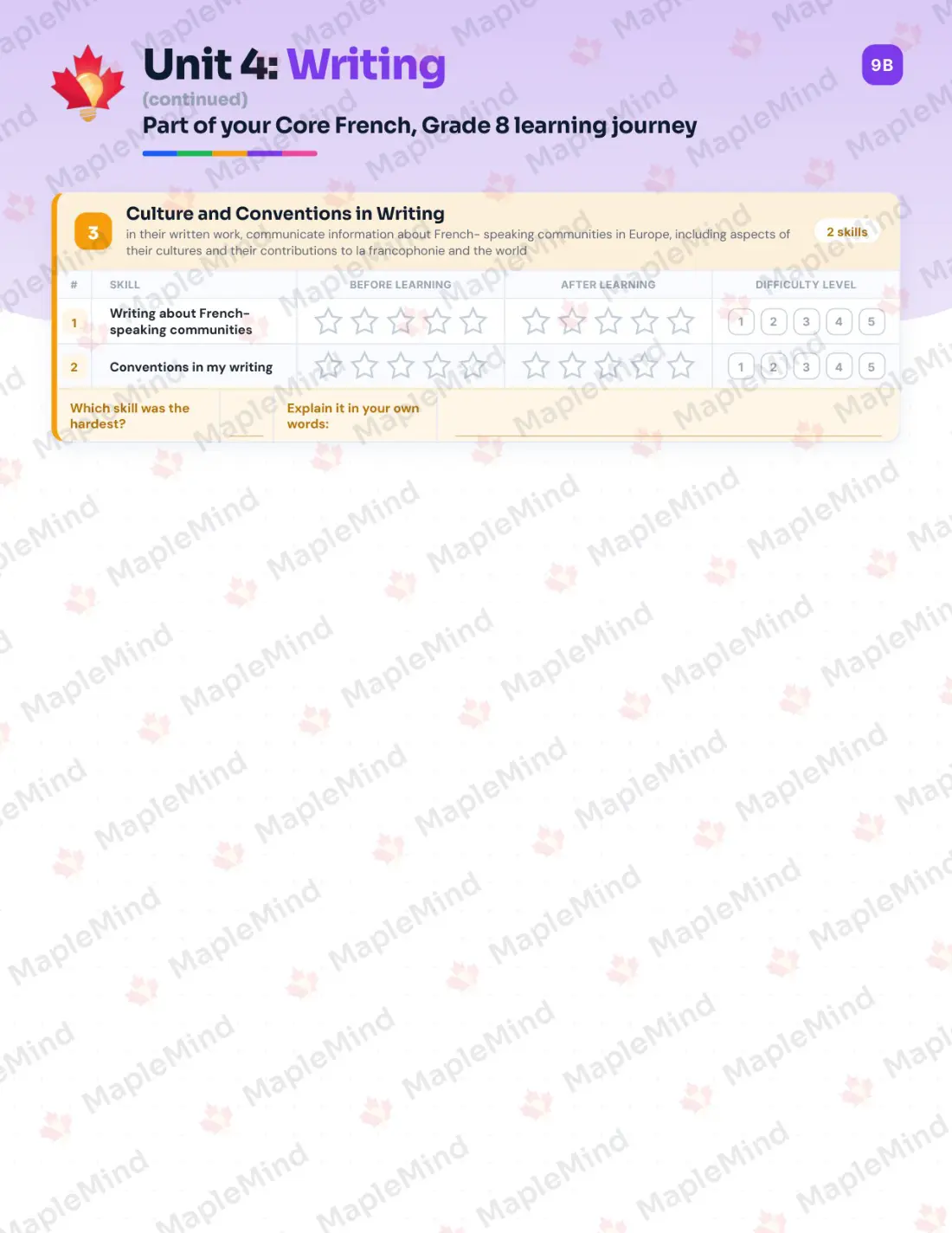 Page 19 of 31 from the Core French, Grade 8 Ontario Course Companion — skills tracker with before and after self-assessment