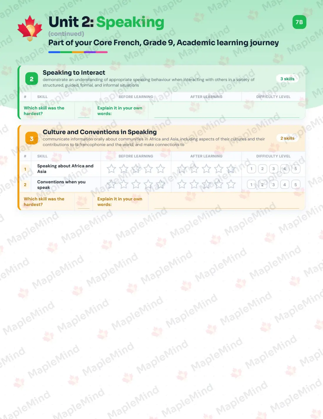 Page 11 of 31 from the Core French, Grade 9, Academic Ontario Course Companion — skills tracker with before and after self-assessment