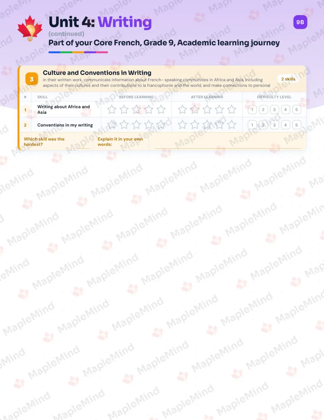 Page 19 of 31 from the Core French, Grade 9, Academic Ontario Course Companion — skills tracker with before and after self-assessment