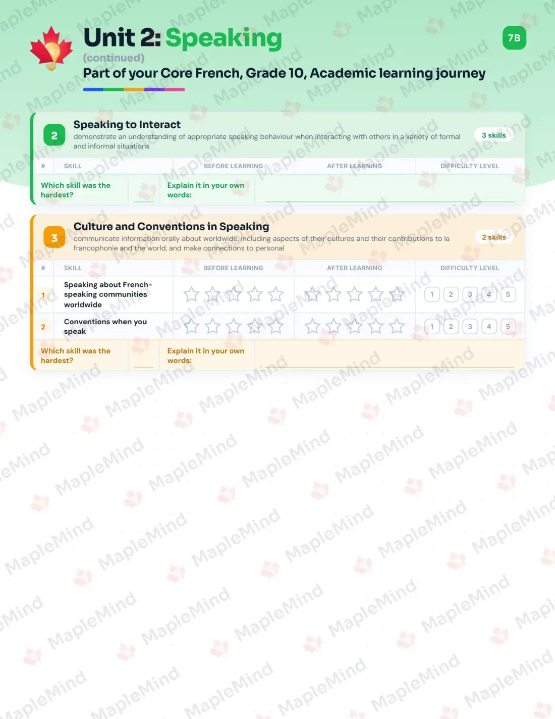 Page 11 of 31 from the Core French, Grade 10, Academic Ontario Course Companion — skills tracker with before and after self-assessment